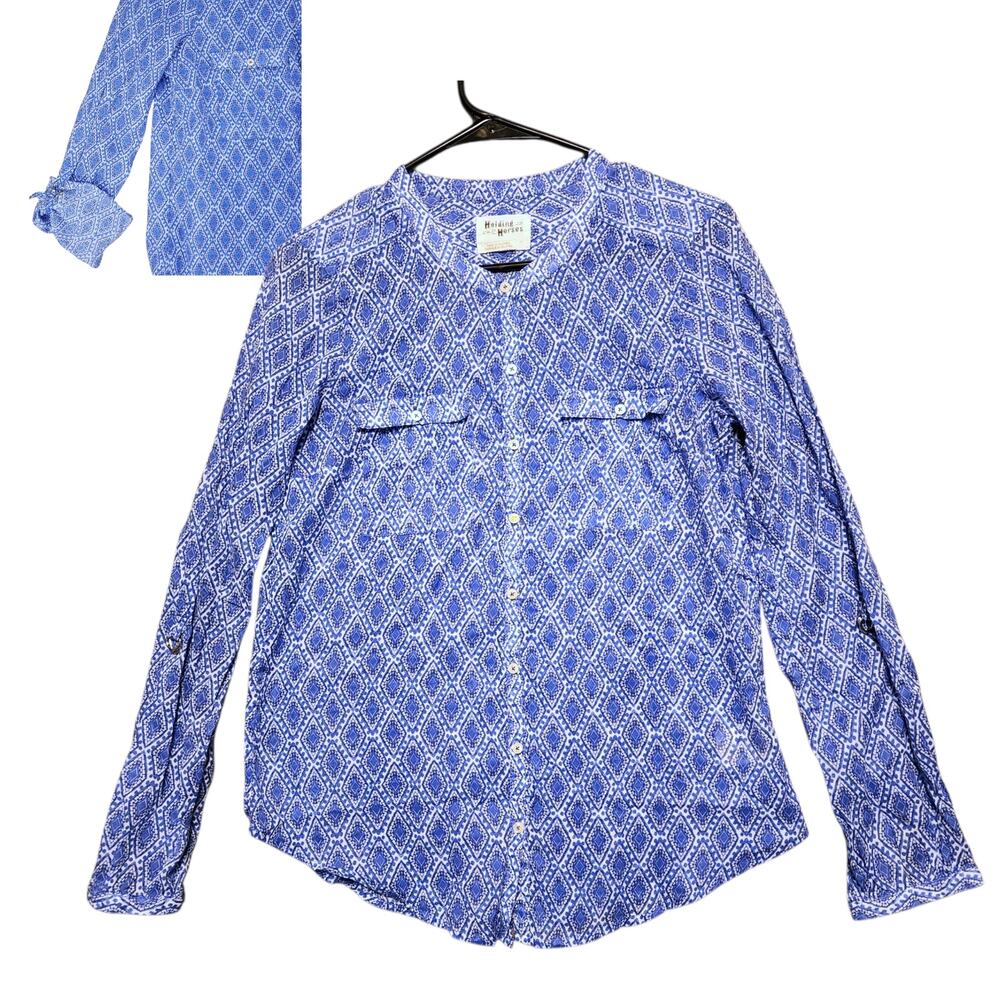 Anthropologie Holding Horses Button Up Shirt 6 Women Chevron Roll Tab Mandarin